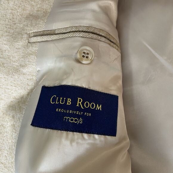Club Room Herringbone Blazer Sport Coat Elbow Patch Mens 42R Tan Academia - Picture 11 of 13